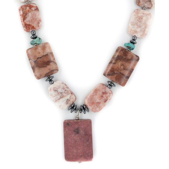 Certified Authentic Navajo .925 Sterling Silver Natural Turquoise Hematite and Jasper Native American Necklace 750122-41