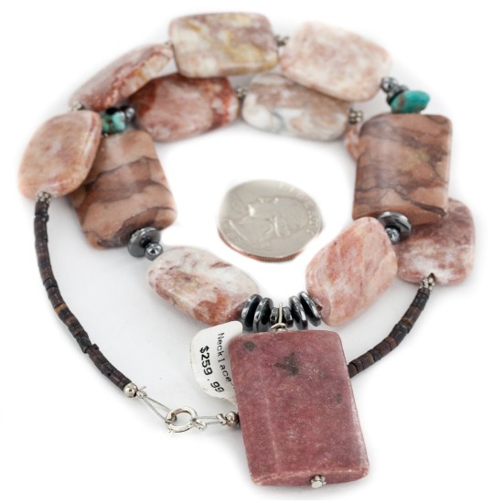 Certified Authentic Navajo .925 Sterling Silver Natural Turquoise Hematite and Jasper Native American Necklace 750122-41