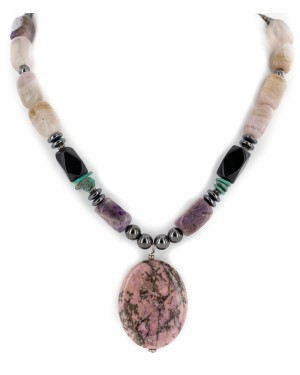Certified Authentic Navajo .925 Sterling Silver Natural Turquoise Hematite Charoite Agate and Black Onyx Native American Necklace 15868-20