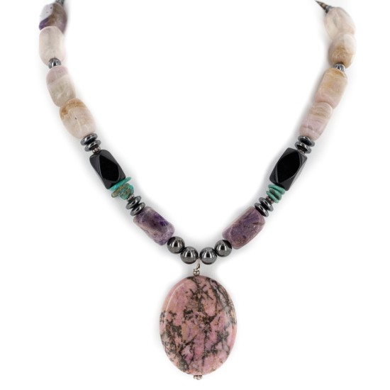 Certified Authentic Navajo .925 Sterling Silver Natural Turquoise Hematite Charoite Agate and Black Onyx Native American Necklace 15868-20