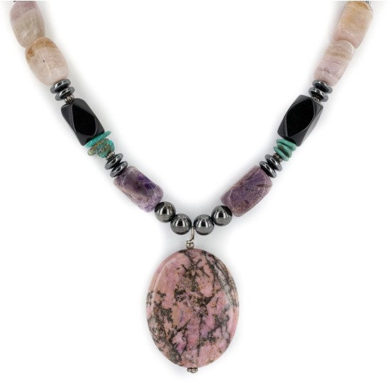 Certified Authentic Navajo .925 Sterling Silver Natural Turquoise Hematite Charoite Agate and Black Onyx Native American Necklace 15868-20