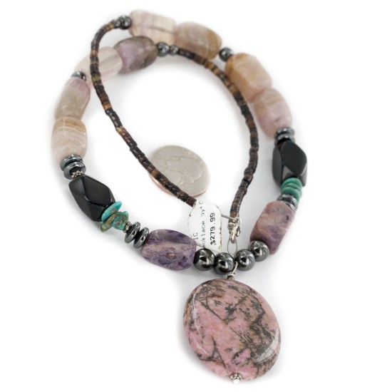 Certified Authentic Navajo .925 Sterling Silver Natural Turquoise Hematite Charoite Agate and Black Onyx Native American Necklace 15868-20
