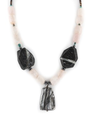 Certified Authentic Navajo .925 Sterling Silver Natural Turquoise Hematite Snowflake Stone and Pink Quartz Native American Necklace 15800-22 Certified Authentic Navajo .925 Sterling Silver Natural Turquoise Hematite Snowflake Stone and Pink Quartz Native American Necklace 15800-22