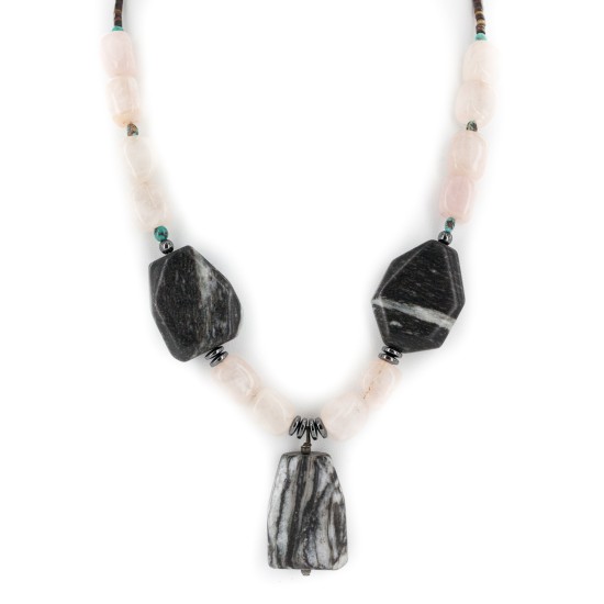 Certified Authentic Navajo .925 Sterling Silver Natural Turquoise Hematite Snowflake Stone and Pink Quartz Native American Necklace 15800-22 Certified Authentic Navajo .925 Sterling Silver Natural Turquoise Hematite Snowflake Stone and Pink Quartz Native American Necklace 15800-22
