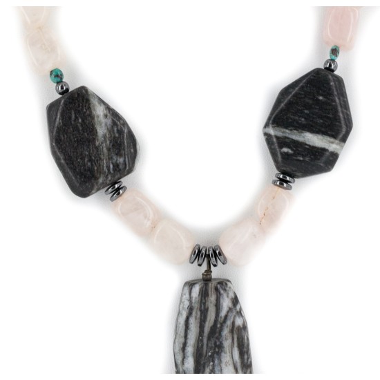 Certified Authentic Navajo .925 Sterling Silver Natural Turquoise Hematite Snowflake Stone and Pink Quartz Native American Necklace 15800-22 Certified Authentic Navajo .925 Sterling Silver Natural Turquoise Hematite Snowflake Stone and Pink Quartz Native American Necklace 15800-22