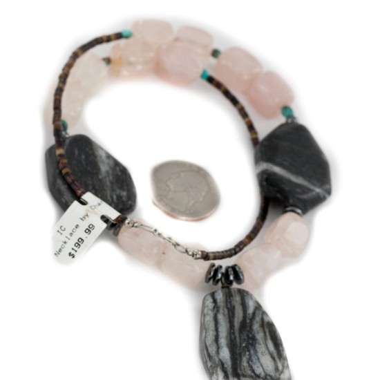 Certified Authentic Navajo .925 Sterling Silver Natural Turquoise Hematite Snowflake Stone and Pink Quartz Native American Necklace 15800-22 Certified Authentic Navajo .925 Sterling Silver Natural Turquoise Hematite Snowflake Stone and Pink Quartz Native American Necklace 15800-22