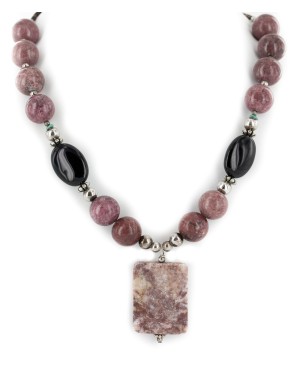 Certified Authentic Navajo .925 Sterling Silver Natural Turquoise Jasper Charoite and Black Onyx Native American Necklace 15213-32