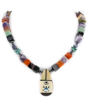 Certified Authentic Navajo .925 Sterling Silver Inlay Natural Turquoise Mother of Pearl Amethyst Black Onyx Charoite Tigers Eye Hematite Native American Necklace 750108-10