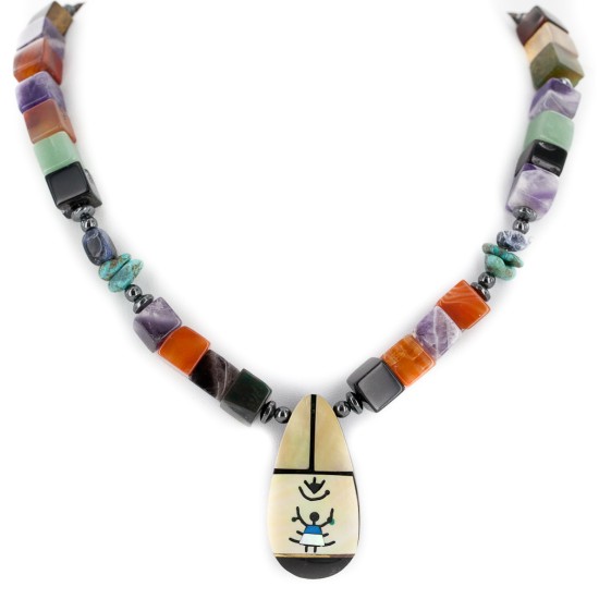 Certified Authentic Navajo .925 Sterling Silver Inlay Natural Turquoise Mother of Pearl Amethyst Black Onyx Charoite Tigers Eye Hematite Native American Necklace 750108-10