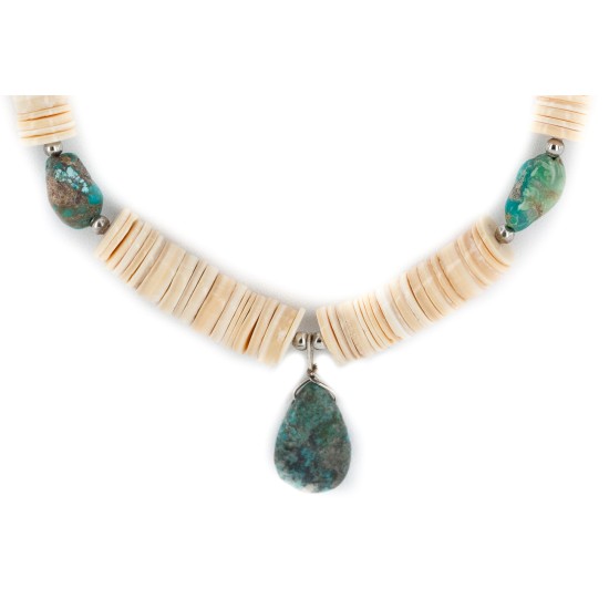 Certified Authentic Navajo .925 Sterling Silver Natural Graduated Melon Shell and Turquoise Native American Necklace 15213-33 Certified Authentic Navajo .925 Sterling Silver Natural Graduated Melon Shell and Turquoise Native American Necklace 15213-33
