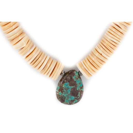 Certified Authentic Navajo .925 Sterling Silver Natural Graduated Melon Shell with Turquoise Native American Necklace 17081-1