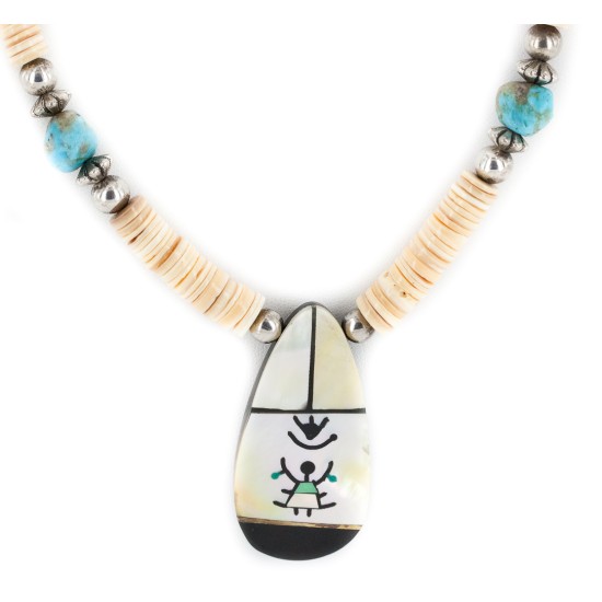 Certified Authentic Navajo .925 Sterling Silver Inlay Natural Graduated Melon Shell Mother of Pearl Turquoise Native American Necklace 15777-341