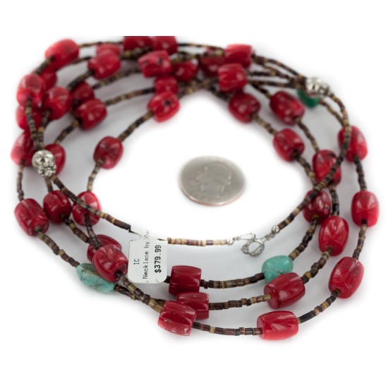 Certified Authentic 3 Strand Navajo .925 Sterling Silver Coral and Natural Turquoise Native American Necklace 15774-3