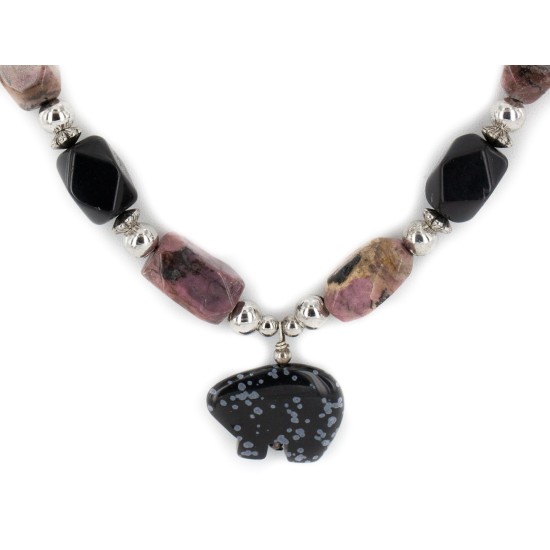 Bear Certified Authentic Navajo .925 Sterling Silver Natural Black Onyx Charoite and Snowflake Obsidian Native American Necklace 15632-41