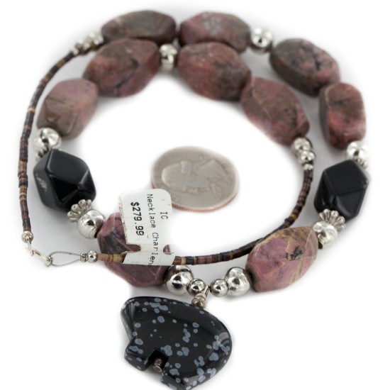 Bear Certified Authentic Navajo .925 Sterling Silver Natural Black Onyx Charoite and Snowflake Obsidian Native American Necklace 15632-41
