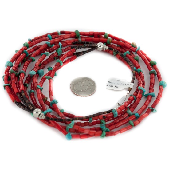 5 Strand Certified Authentic Navajo .925 Sterling Silver Coral and Natural Turquoise Native American Necklace  25278-78