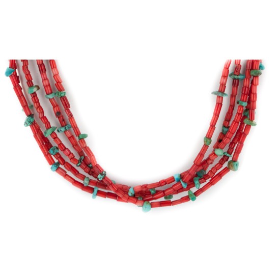 5 Strand Certified Authentic Navajo .925 Sterling Silver Coral and Natural Turquoise Native American Necklace  25278-78