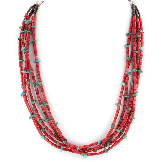 5 Strand Certified Authentic Navajo .925 Sterling Silver Coral and Natural Turquoise Native American Necklace  25278-78