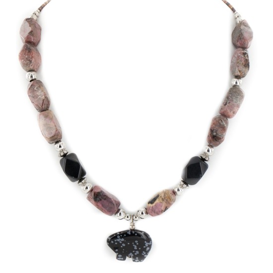 Bear Certified Authentic Navajo .925 Sterling Silver Natural Black Onyx Charoite and Snowflake Obsidian Native American Necklace 15632-41