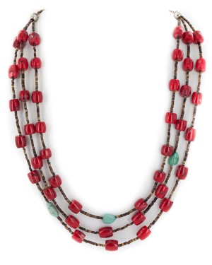 Certified Authentic 3 Strand Navajo .925 Sterling Silver Coral and Natural Turquoise Native American Necklace 15774-3