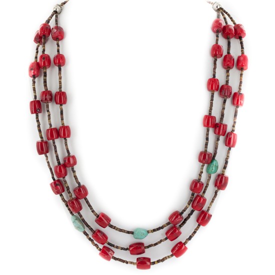 Certified Authentic 3 Strand Navajo .925 Sterling Silver Coral and Natural Turquoise Native American Necklace 15774-3