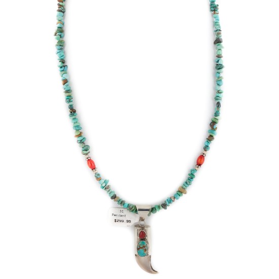 Certified Authentic .925 Sterling Silver Navajo Coral Natural Turquoise Claw Native American Necklace 14758-16029-6 Certified Authentic .925 Sterling Silver Navajo Coral Natural Turquoise Claw Native American Necklace 14758-16029-6