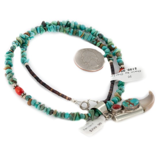 Certified Authentic .925 Sterling Silver Navajo Coral Natural Turquoise Claw Native American Necklace 14758-16029-6 Certified Authentic .925 Sterling Silver Navajo Coral Natural Turquoise Claw Native American Necklace 14758-16029-6