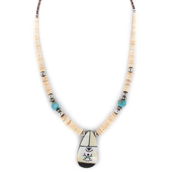 Certified Authentic Navajo .925 Sterling Silver Inlay Natural Graduated Melon Shell Mother of Pearl Turquoise Native American Necklace 15777-341