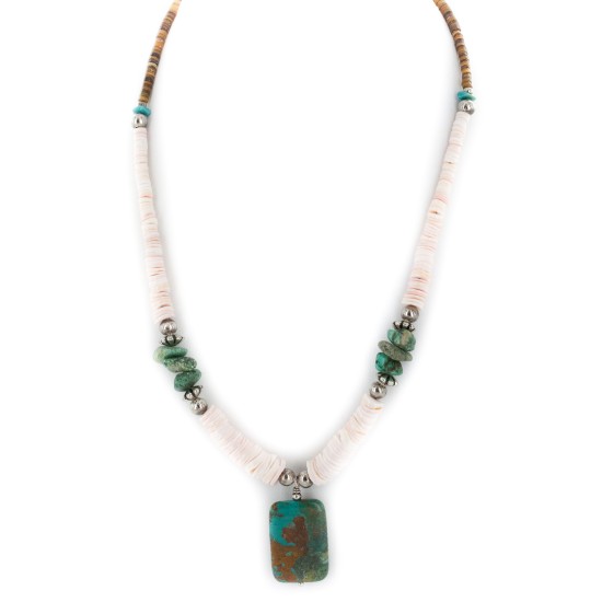 Certified Authentic Navajo .925 Sterling Silver Natural Graduated Melon Shell and Turquoise Native American Necklace  17081-5
