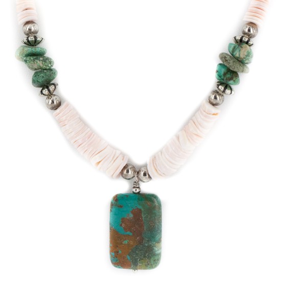 Certified Authentic Navajo .925 Sterling Silver Natural Graduated Melon Shell and Turquoise Native American Necklace  17081-5