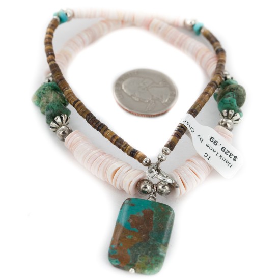 Certified Authentic Navajo .925 Sterling Silver Natural Graduated Melon Shell and Turquoise Native American Necklace  17081-5