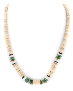 Certified Authentic Navajo .925 Sterling Silver Natural Turquoise Graduated Melon Shell and Heishi Native American Necklace 15845-7