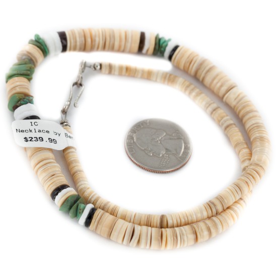 Certified Authentic Navajo .925 Sterling Silver Natural Turquoise Graduated Melon Shell and Heishi Native American Necklace 15845-8