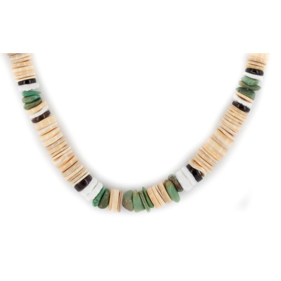Certified Authentic Navajo .925 Sterling Silver Natural Turquoise Graduated Melon Shell and Heishi Native American Necklace 15845-8