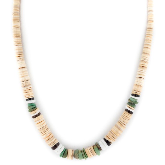 Certified Authentic Navajo .925 Sterling Silver Natural Turquoise Graduated Melon Shell and Heishi Native American Necklace 15845-8