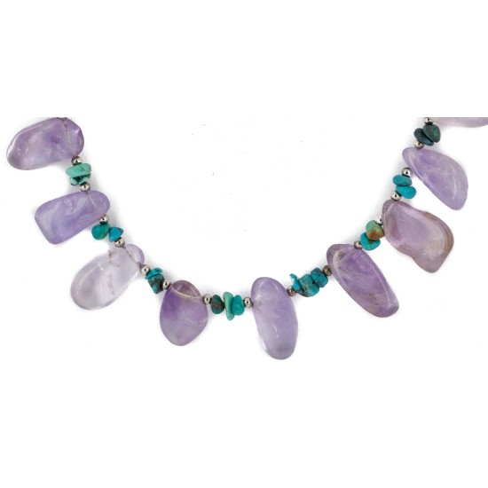 Certified Authentic Drop Navajo .925 Sterling Silver Natural Turquoise Amethyst Native American Necklace 15213-51