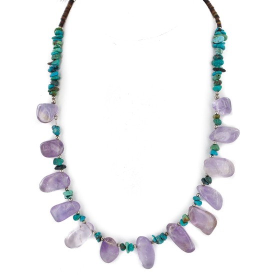 Certified Authentic Drop Navajo .925 Sterling Silver Natural Turquoise Amethyst Native American Necklace 15213-51