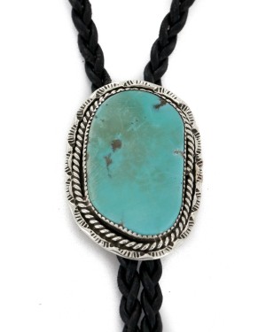 Handmade Certified Authentic Navajo .925 Sterling Silver Natural Turquoise Native American Bolo Tie 24481