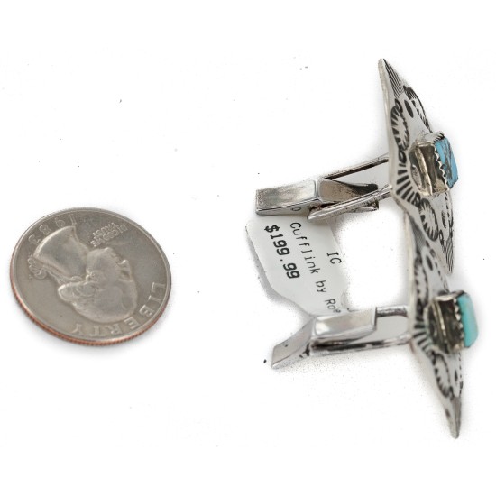 Handmade Certified Authentic Navajo Nickel Natural Turquoise Native American Cuff Links 19127