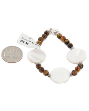 Certified Authentic Navajo .925 Sterling Silver Natural Tigers Eye Mother of Pearl Native American Bracelet 13038-18