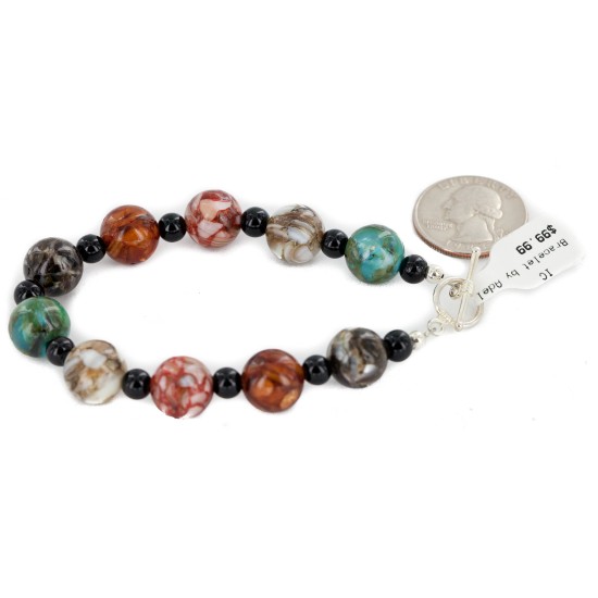 Certified Authentic Navajo Nickel Natural Black Onyx Multicolor Stones Native American Bracelet 13035-7