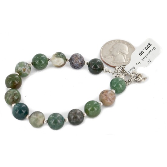 Certified Authentic Nickel Navajo Natural Green Jasper Native American Bracelet 13035-4