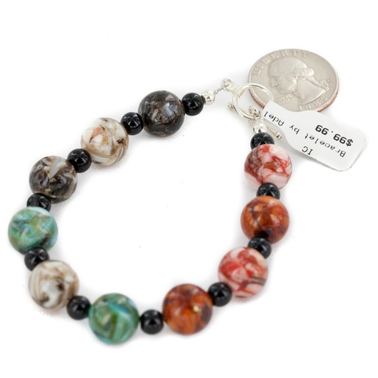 Certified Authentic Nickel Navajo Natural Black Onyx Multicolor Stones Native American Bracelet 13035-6