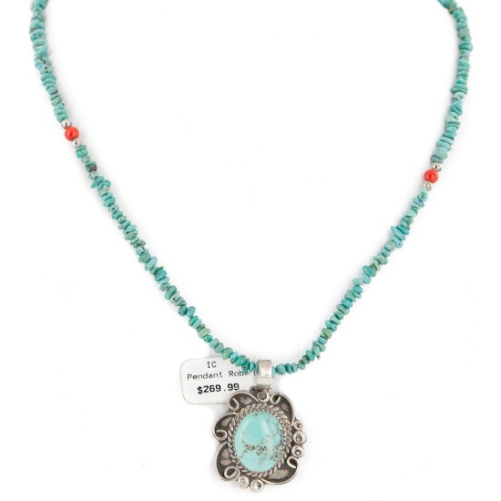 .925 Sterling Silver Certified Authentic Navajo Turquoise Coral Native American Necklace 14764-4-15360