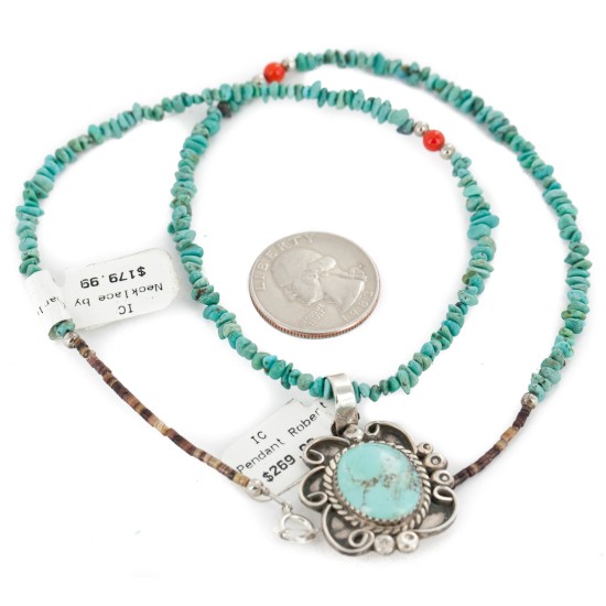 .925 Sterling Silver Certified Authentic Navajo Turquoise Coral Native American Necklace 14764-4-15360