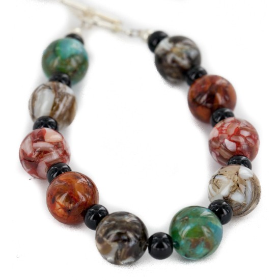Certified Authentic Navajo Nickel Natural Black Onyx Multicolor Stones Native American Bracelet 13035-7