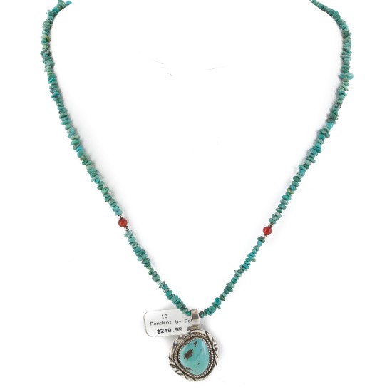 .925 Sterling Silver Certified Authentic Navajo Natural Turquoise Coral Native American Necklace  12554-2-15771
