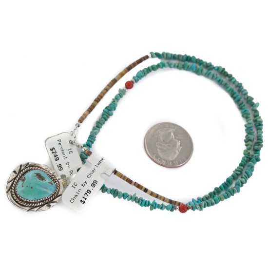 .925 Sterling Silver Certified Authentic Navajo Natural Turquoise Coral Native American Necklace  12554-2-15771