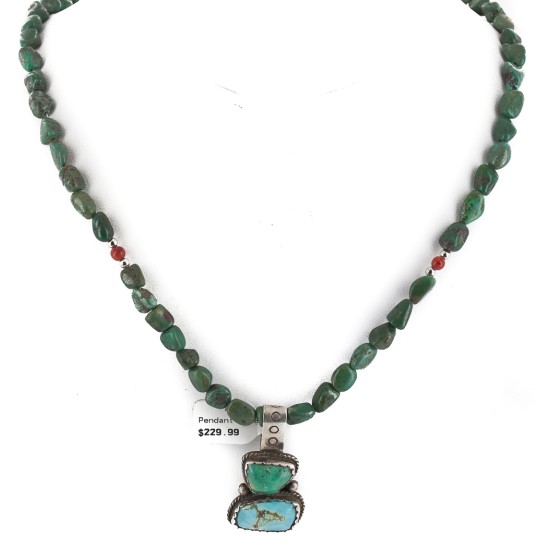 .925 Sterling Silver Certified Authentic Navajo Turquoise Coral Native American Necklace 15056-23-15771