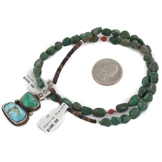 .925 Sterling Silver Certified Authentic Navajo Turquoise Coral Native American Necklace 15056-23-15771